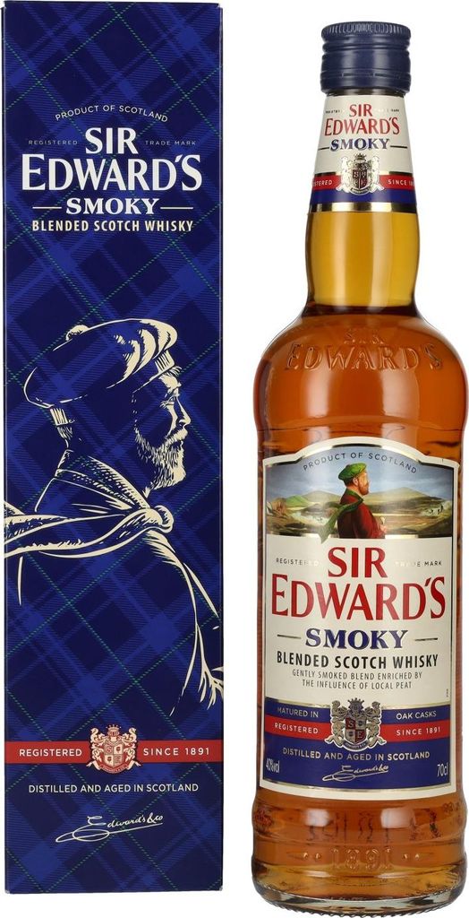 A bottle of Sir Edward's Smoky Blended Scotch Whisky and its accompanying gift box, presented side-by-side against a white background.