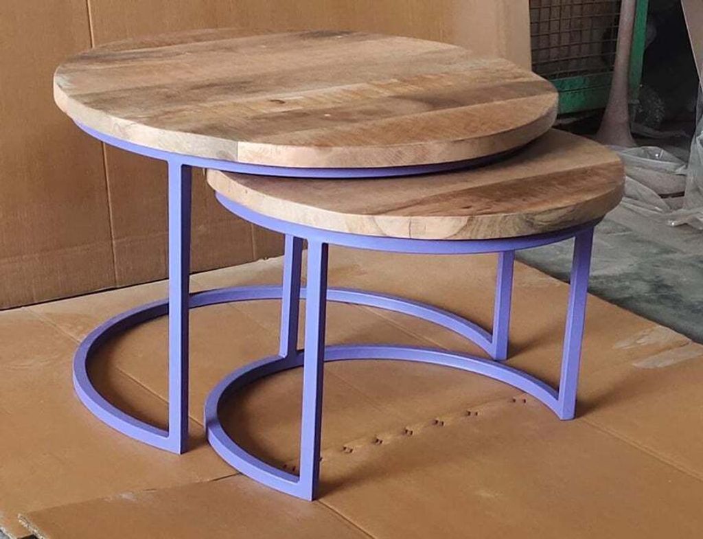 2er Set Couchtische Mango Holz rund Metall Wohnzimmer Satztische Sofatisch Lila Flieder