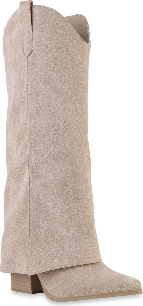 VAN HILL Damen Leicht Gefüttert Cowboystiefel Stiefel Schuh 841893, Farbe: Beige, Größe: 36