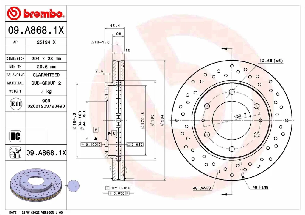 Disque de frein Brembo 09.A868.1X Xtra - OE 6000609712 pour Pick-up