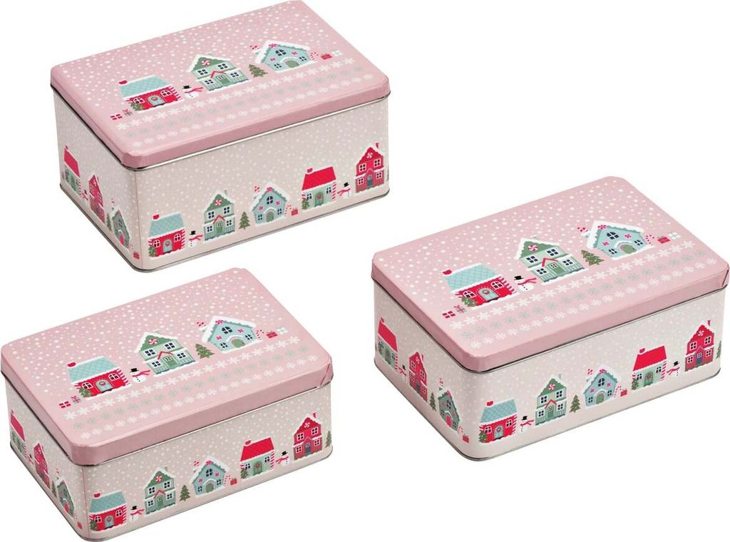 Große Metall Plätzchendosen Weihnachtsdorf 3er Set Rosa Produktbild 