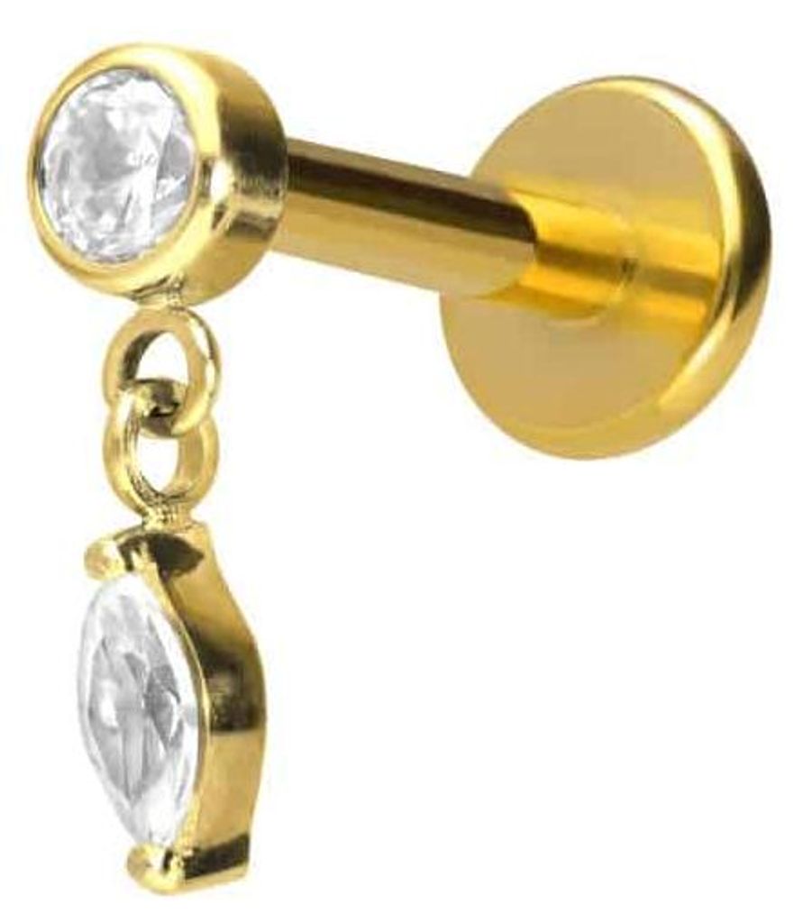 Ohrpiercing, Nasenpiercing Titan Labret mit Push Fit KRISTALL + KRISTALLTROPFEN Gold Stablänge: 7mm | Stabstärke: 1,2mm