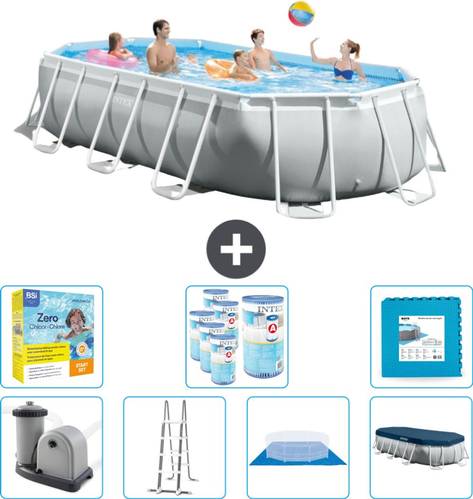 Intex Oval Prism Frame Swimmingpool – 503 x 274 x 122 cm – Grau – inklusive Pumpe – Leiter – Bodenplane – Abdeckung Wartungspaket - Fil...