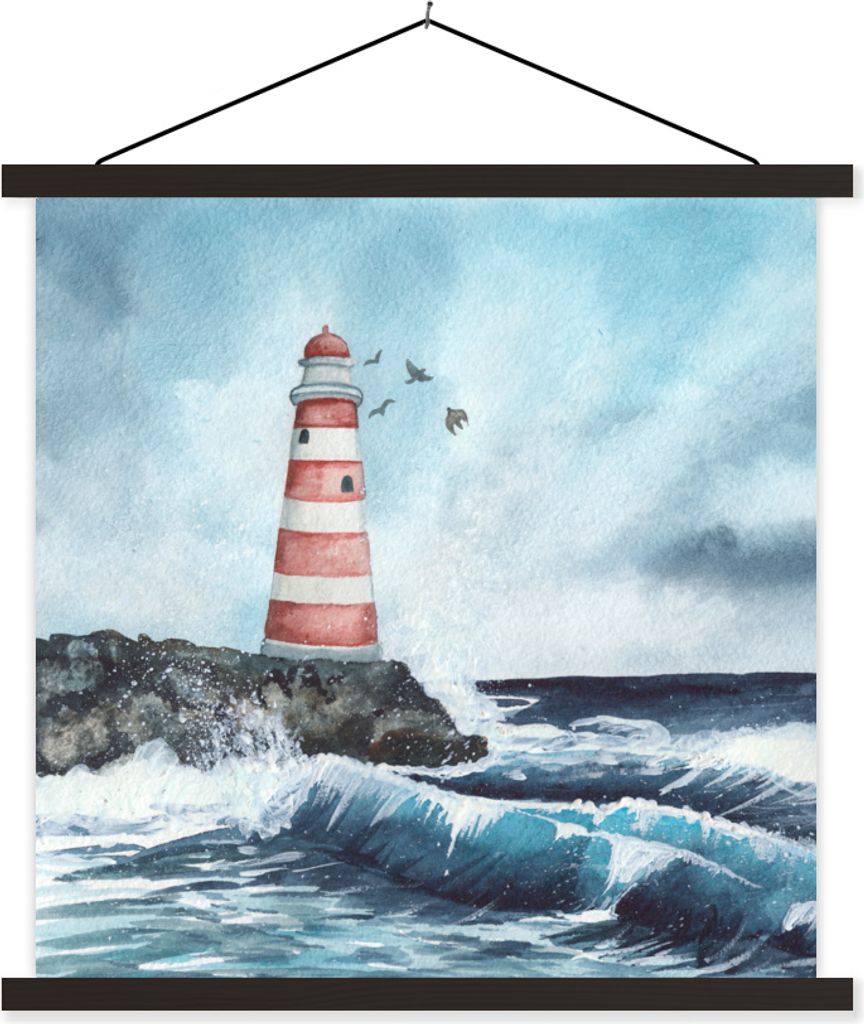 MuchoWow Textilposter Meer - Golf - Leuchtturm 60x60 cm mit schwarzem Rahmen - Posteraufhänger