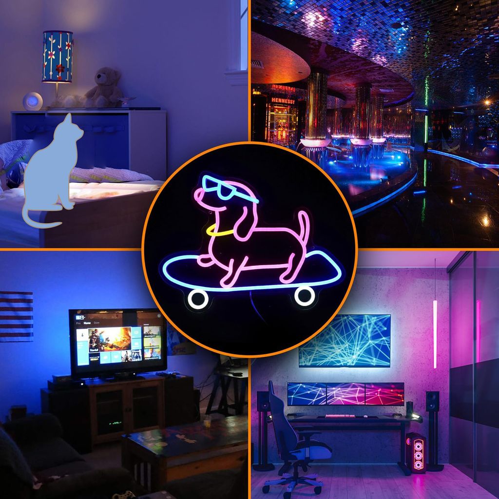 DECO] 🛹🐶 [NÉON] Teckel sur Skateboard – LED USB | 40,5 × 32 cm | Dimmable, Déco Murale Fun & Moderne - Décoration