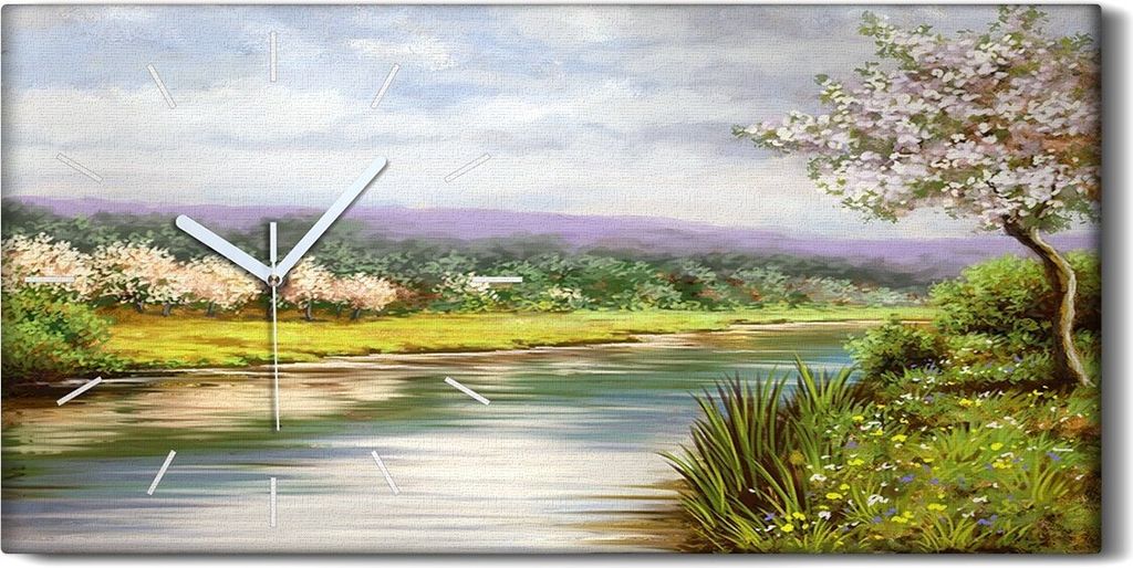 Wanduhr Bürouhr Leinwand Bild 60x30 Malerei Bäume Fluss Blumen Landschaft Natur - weiße Hände