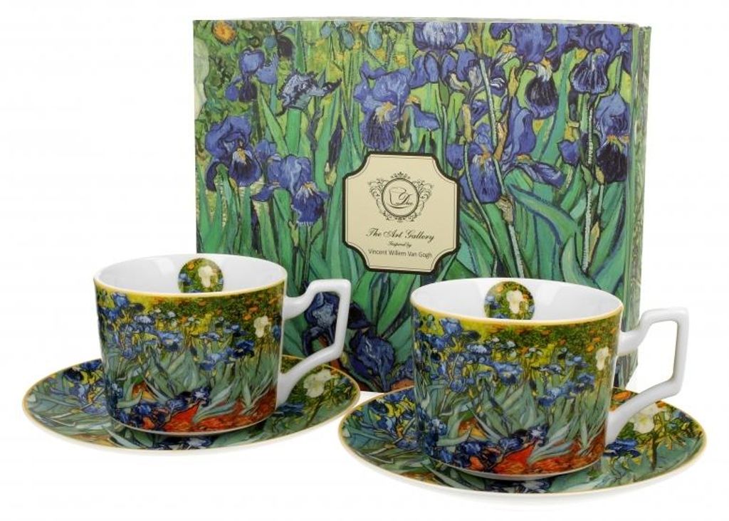 DUO ART GALLERY 2er-Set Luxus Tassen 270 ml IRISES inspired by Van Gogh, mit Untertassen, New Bone China Porzellan