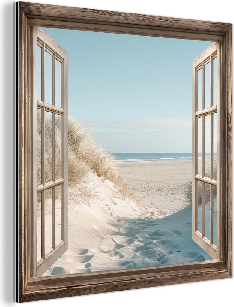 MuchoWow Wanddekoration Metall Metallbild Wandkunst 90x90 cm Aussicht - Hochgras - Dünen - Meer - Landschaft MuchoWow Aluminium Gemälde - Dekorat...