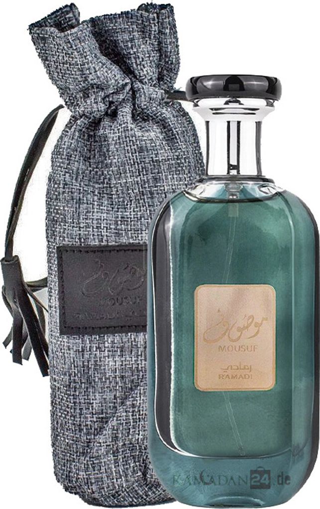 A perfume bottle and its fabric pouch are displayed against a white background.