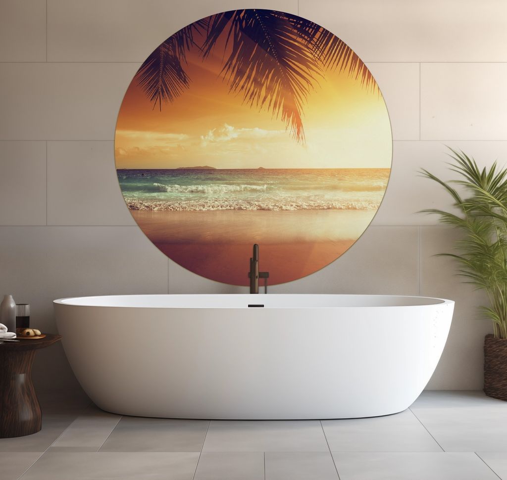 Wallario wasserfestes Poster selbstklebend 120 x 120 cm, Sonnenuntergang am Strand in der Karibik, Badezimmerposter Spritzschutz mit Hochglanzoberf...