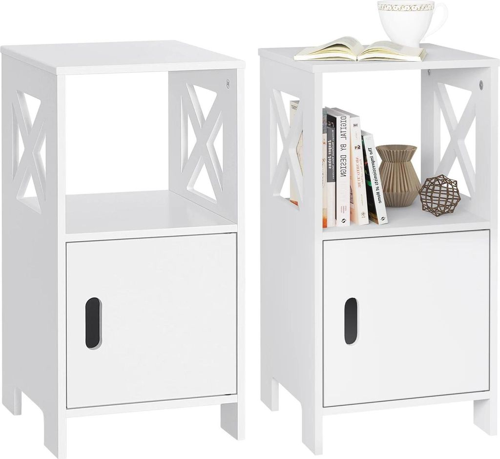 Nachttisch 2er-Set - Nachtkommode - 30x60x30 cm - Schmal - 1 offenes Fach + Schrank mit Tür - MDF Holz - Weiß
