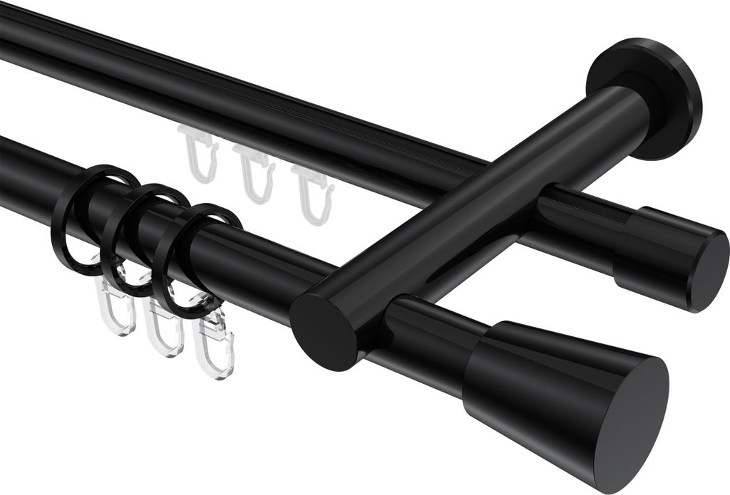 Interdeco Rundrohr-Innenlaufstange / Gardinenstange (Kombination) Schwarz, Typ Platon Sitra (Konus), 20 mm Ø 2-läufig, 180 cm