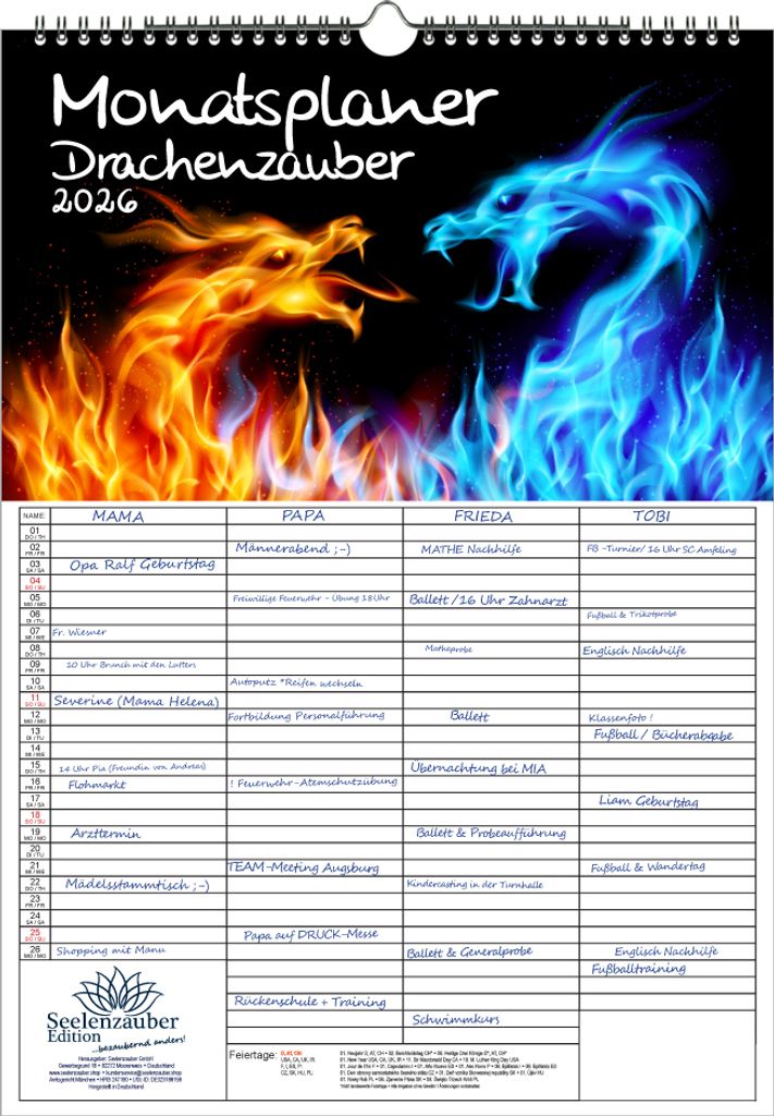 Drachenzauber Planer Familienplaner 4 Spaltenplaner DIN A3 Kalender für 2026 Drachen Fabelwesen - Seelenzauber