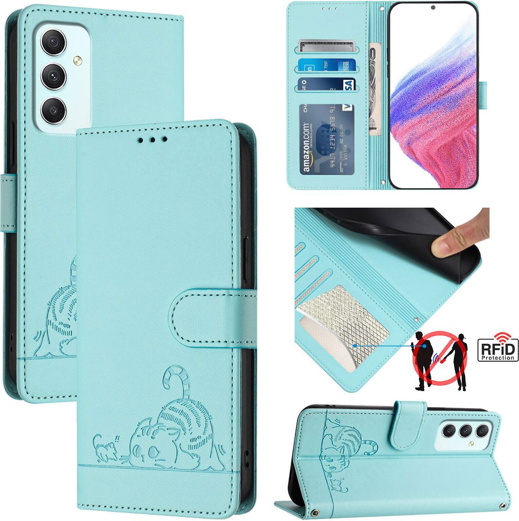 Leder Hülle für Samsung Galaxy A35 5G Süße Katze Flip Case Brieftasche Schutzhülle mit Standfunktion hellgrün