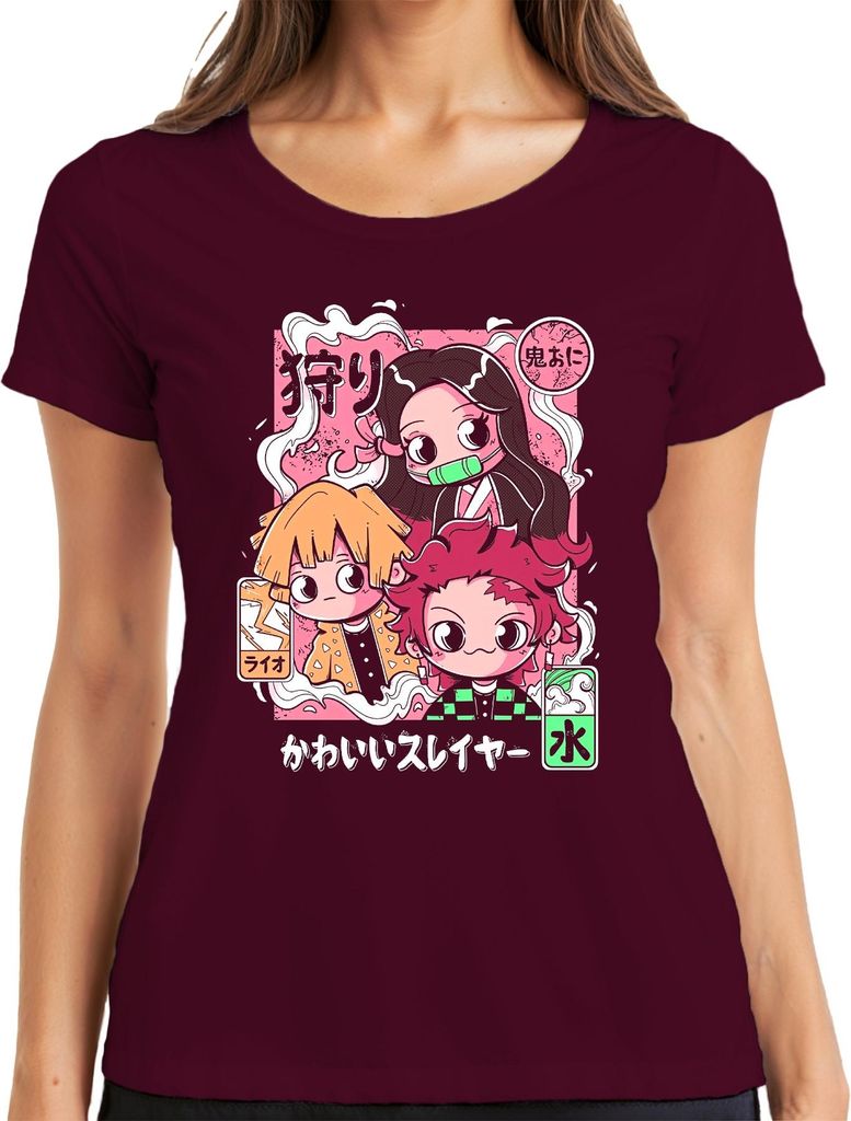 Kimetsu no Yaiba Tanjiro Nezuko Zenitsu かわいいスレイヤー Chibi Kawaii Damen T-Shirt, Burgundy, M