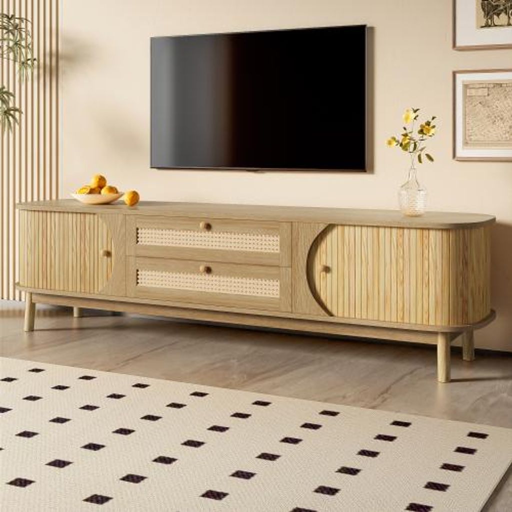 TV Schrank Aufbewahrungsloesung 170x39.5x46 cm Mit Tueren Und Schubladen Rattanseiten Natuerlicher Holz Landhausstil