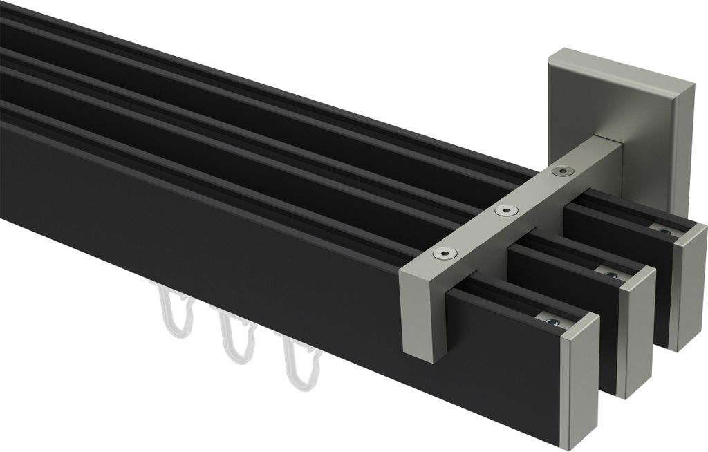 Interdeco Innenlaufstange / Gardinenstange mit Innenlauf Schwarz / Edelstahl-Optik, Typ Smartline Paxo (Kappe), 14x35 mm 3-läufig, 440 cm