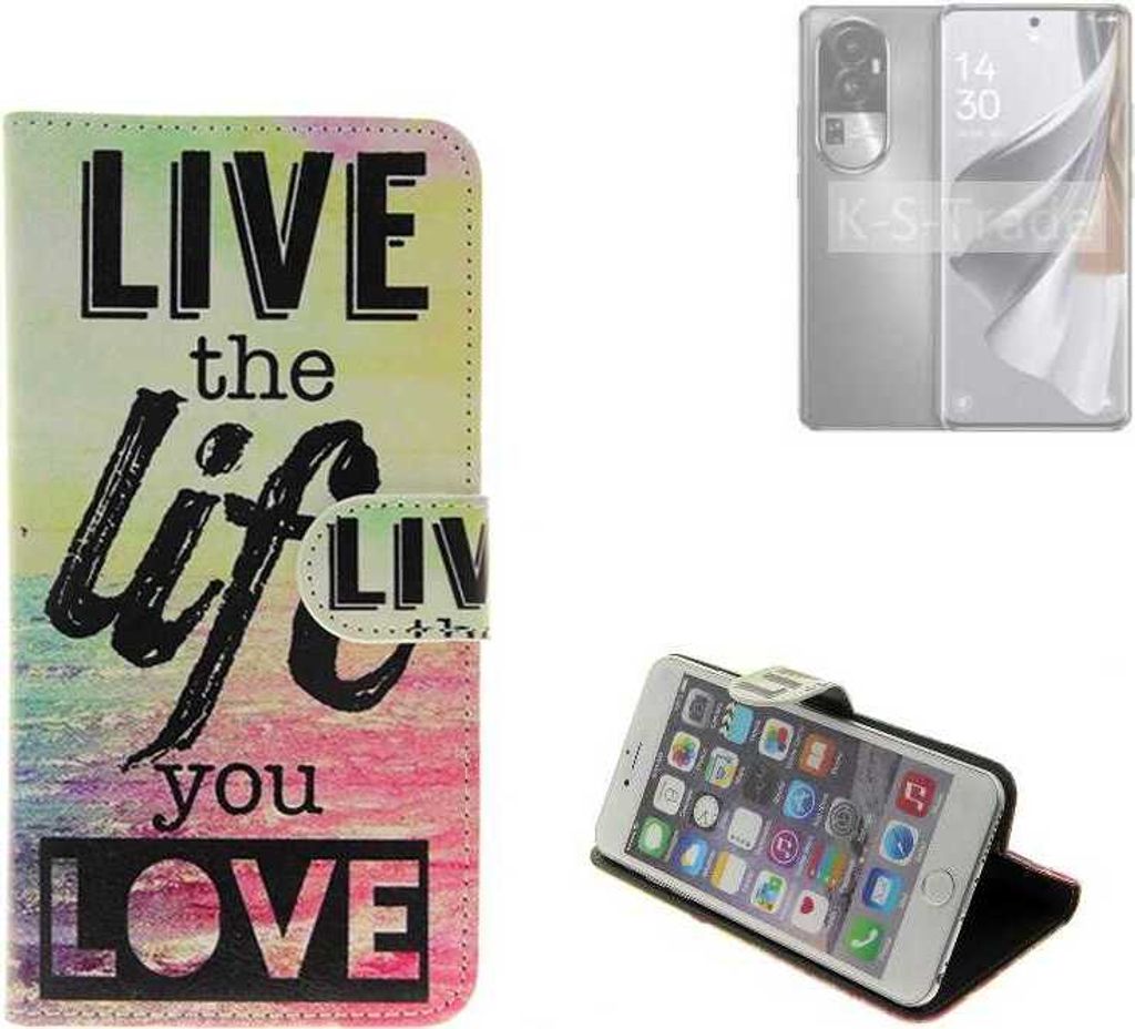 K-S-Trade Schutzhülle Handyhülle kompatibel mit Oppo Reno10 Pro 360° Wallet Case “live life love“ Klapphülle Tasche Etui Smartphone Flip cover