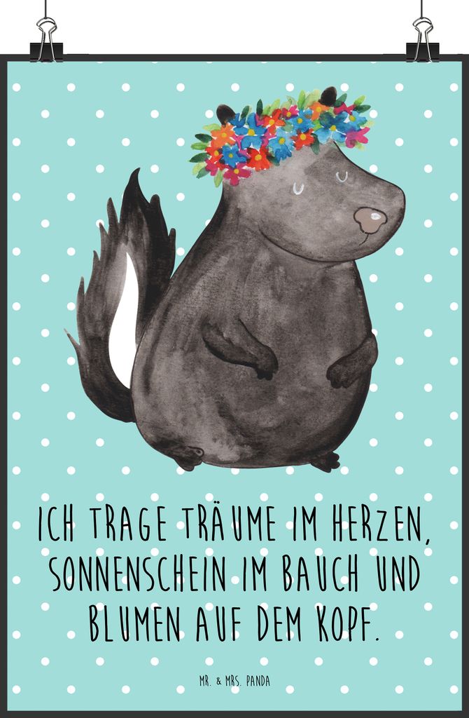 Mr. & Mrs. Panda Bild Stinktier Mädchen DIN A1 - Türkis Pastell - Geschenk, Namaste, Plakat, wanddeko, Wandbild, Skunk, Kunstdruck, Yoga, Stinker...