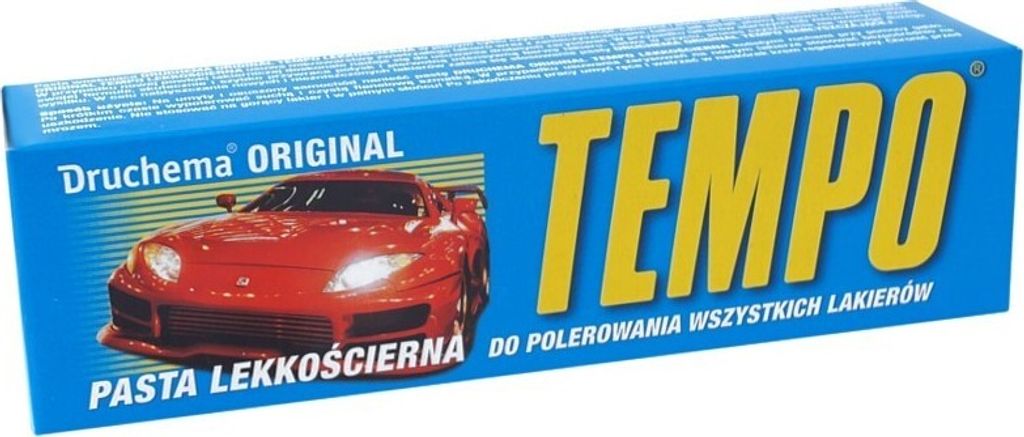 A blue cardboard box for a car polishing product, featuring an image of a red sports car.