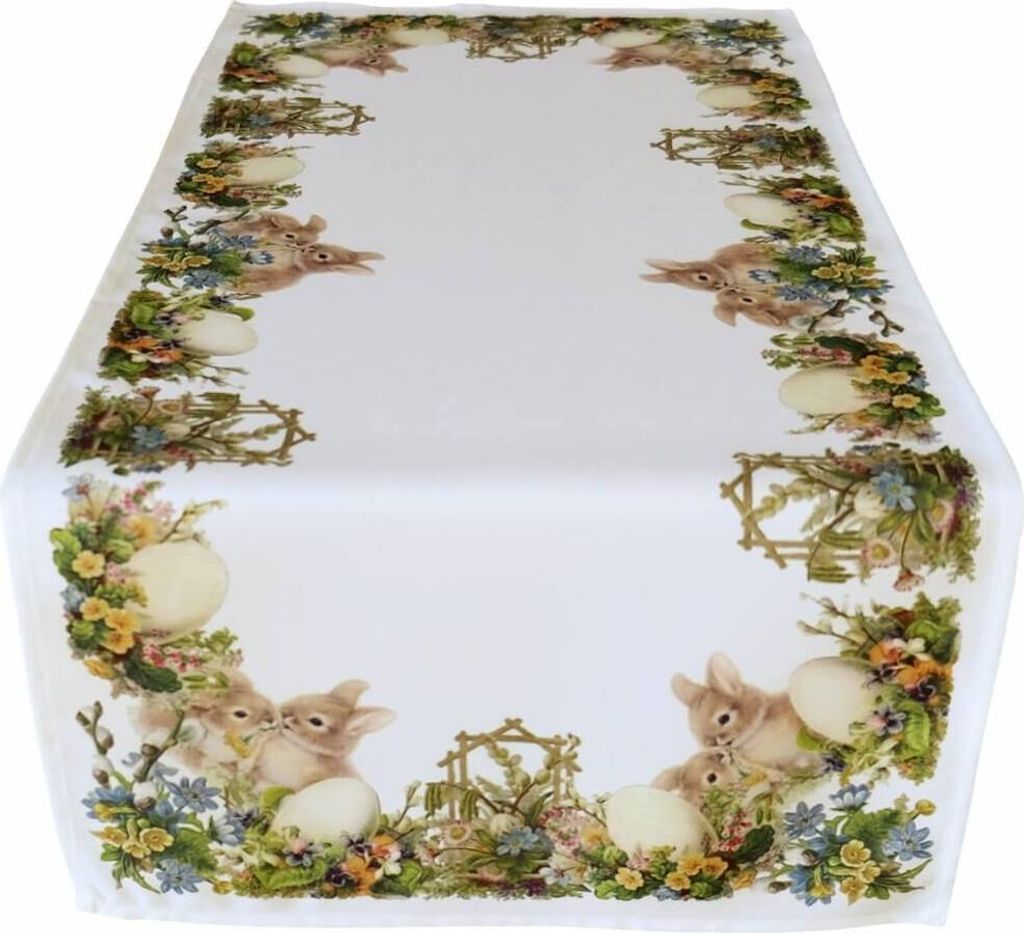 Tischläufer RUTH nostalgische Osterhasen mit Blumen 40 x 90 cm