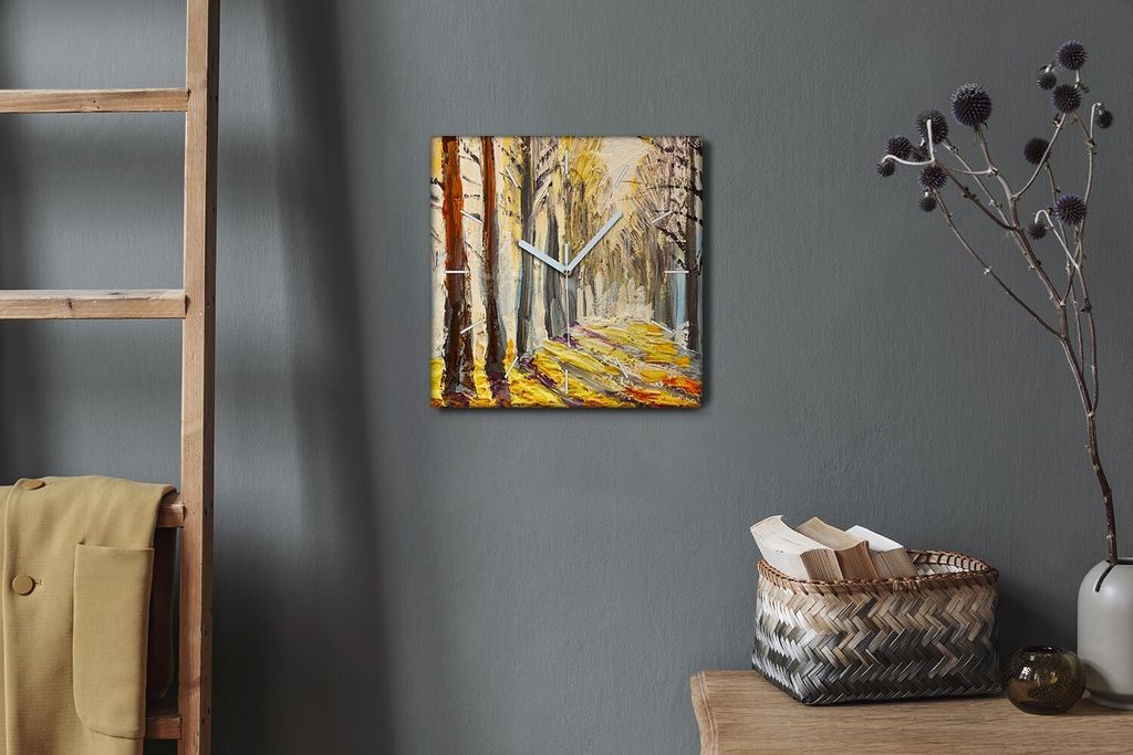 Coloray Hodiny Unikátní 30x30 cm Tiché hodiny Pro obývací pokoj a kuchyň Nástěnné hodiny Plátno Bílé ručičky hodin - Malování lesn...