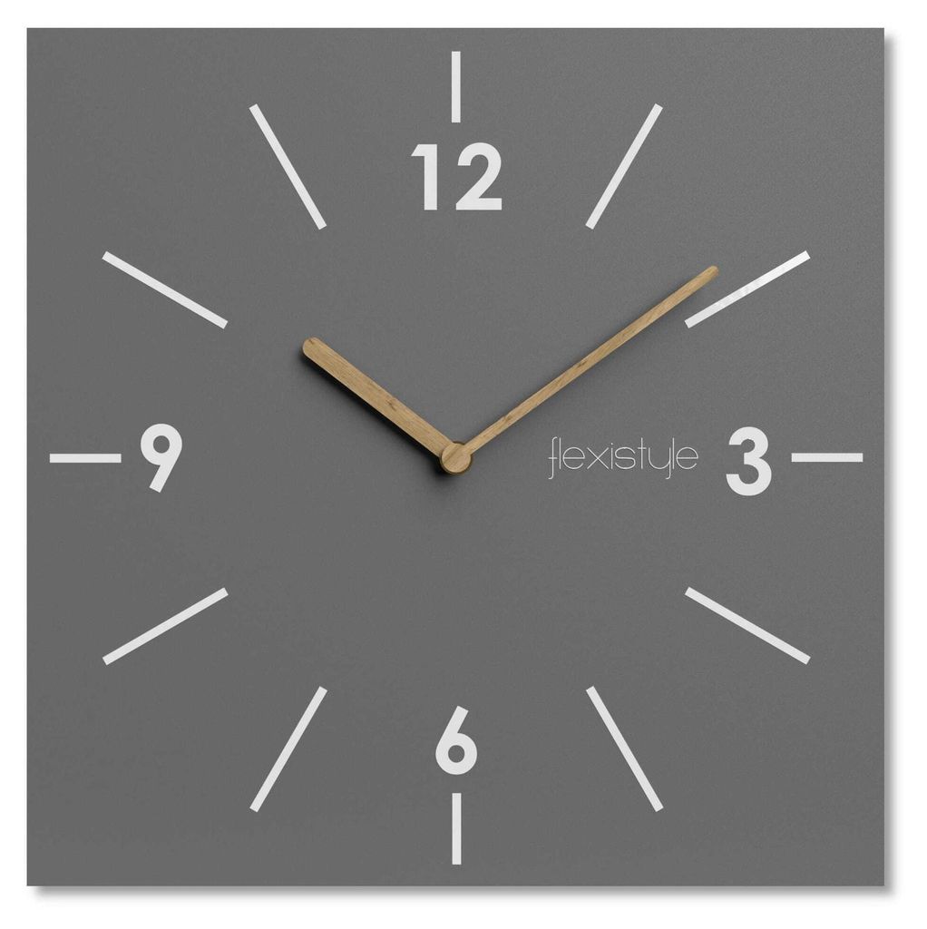 A modern square wall clock with minimalist design, featuring wooden hands and white hour markers on a gray background. The brand name 'flexistyle' is subtly visible.