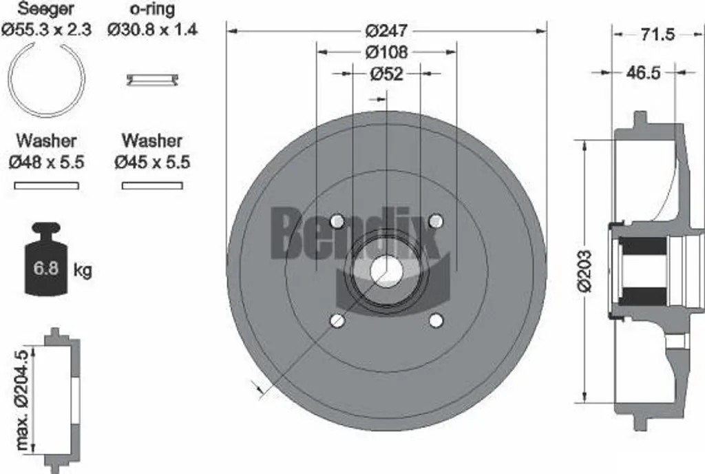 Tambour de frein arrière compatible 206 BENDIX BDM1129 qualité origine
