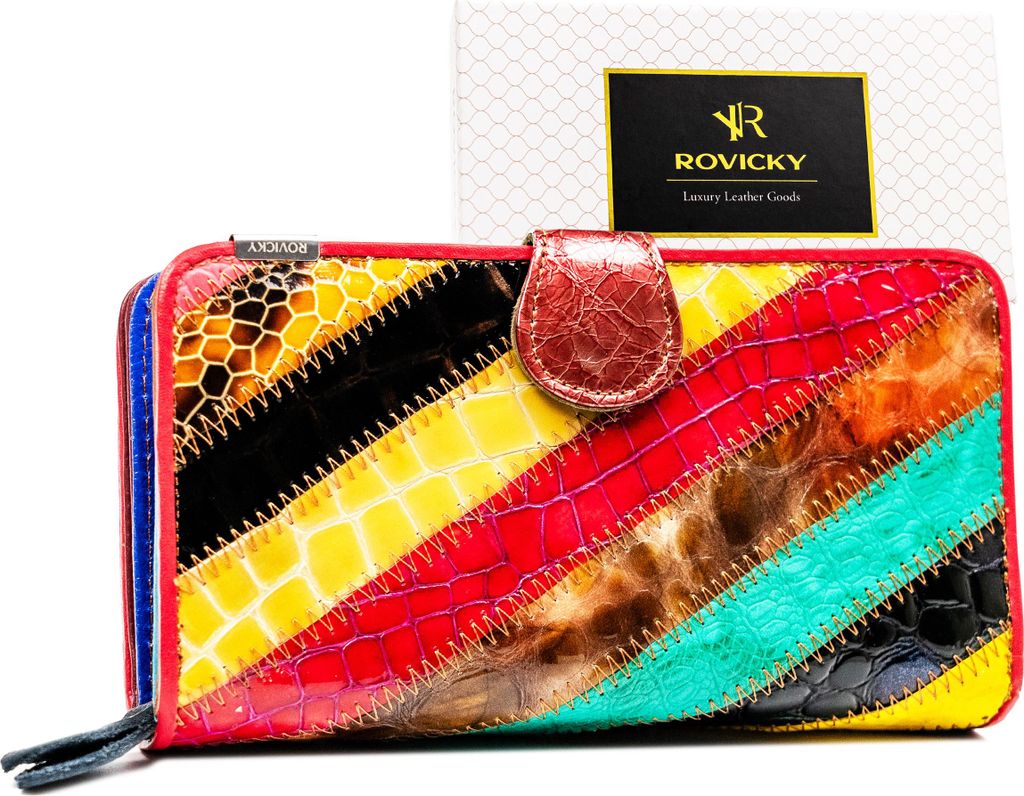 Rovicky | Große Damenbrieftasche, aus Leder, mit Patchwork-Muster, Bunt, 10x18.5 cm