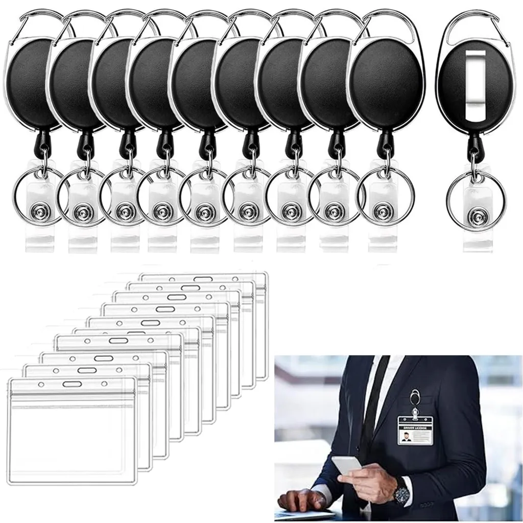 Enrouleur de badge avec clip et mousqueton lot de 10 pour cartes d'accès