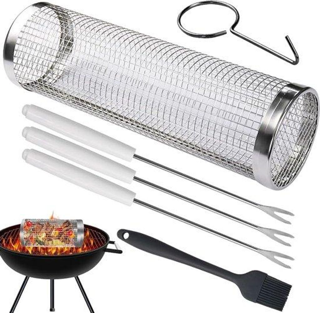Rollenrostgrill aus Edelstahl, Grillrost für Außen BBQ-Gasrohr große runde Grillzylinderkiste Gas muss unbedingt Accessoires für Picknick Gemü...