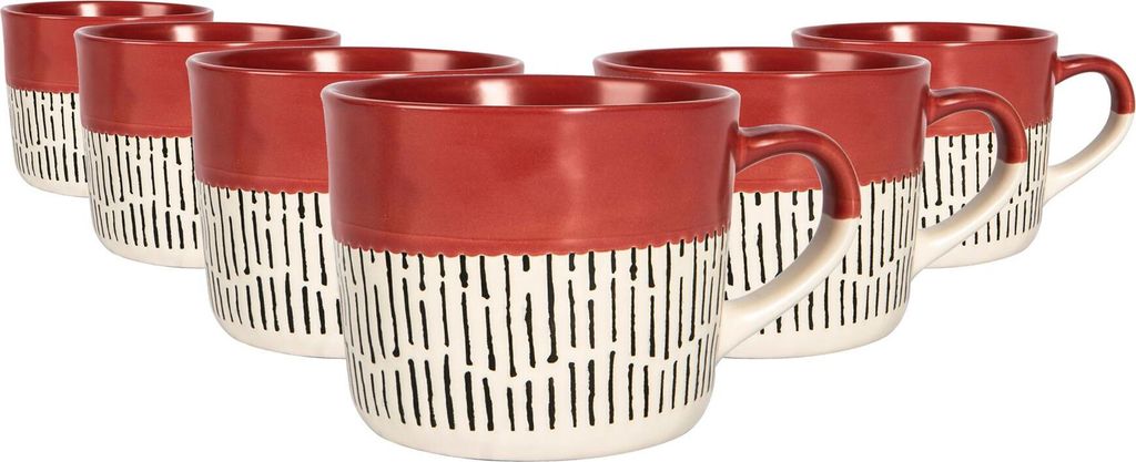 6x Rot 475ml Getaucht Bindestrich Steingut Kaffeebecher - Produktbild 