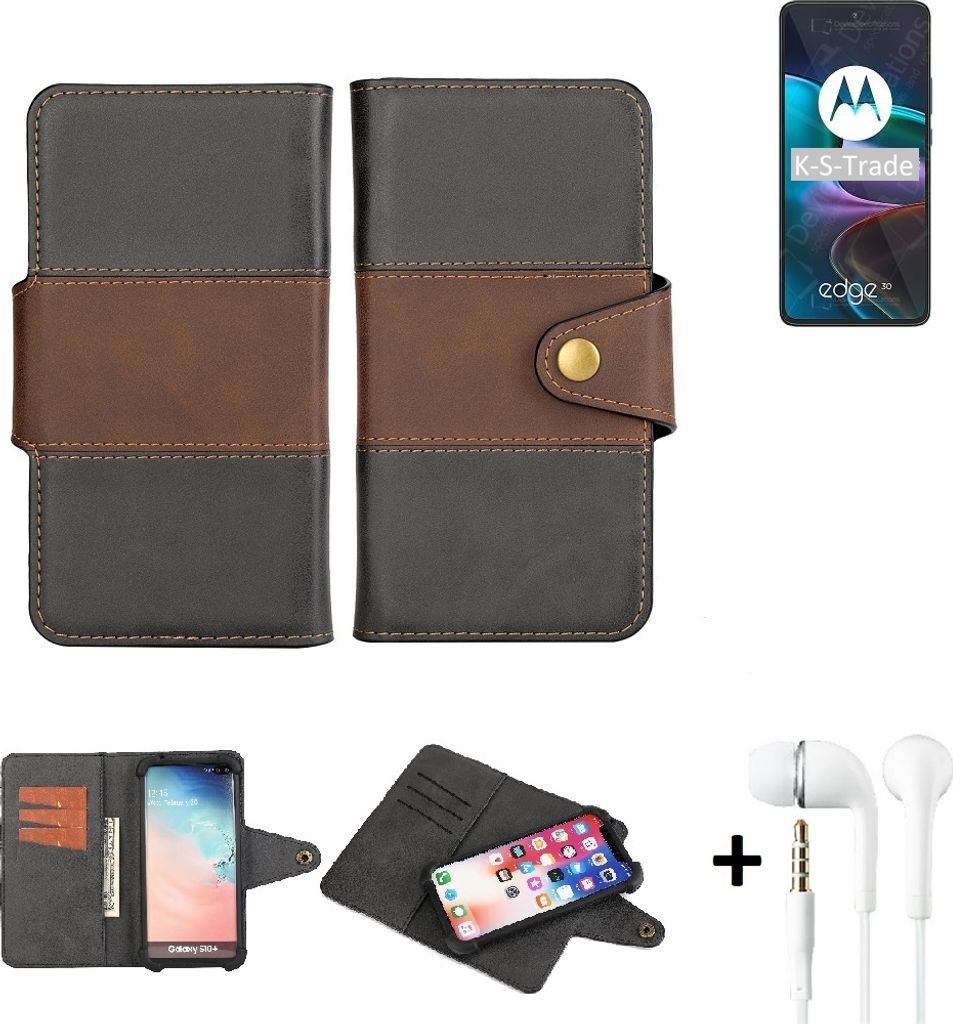 K-S-Trade Handyhülle Schutzhülle Bookstyle Wallet-Case kompatibel mit Motorola Edge 30 + earphones Bumper rundumschutz schwarz-braun 1x