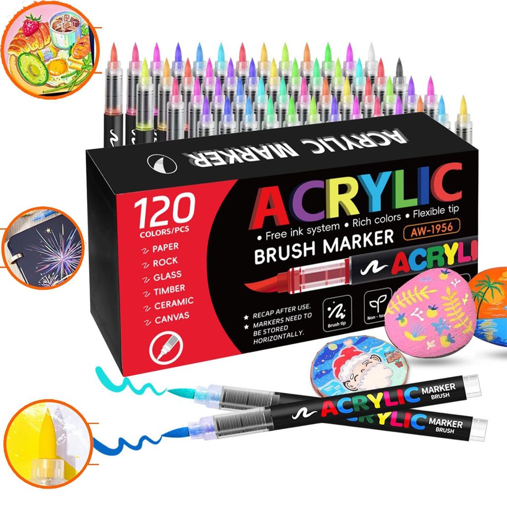 120 Farben Acrylstifte Set, Acrylmarker mit Pinselspitze, Produktbild 