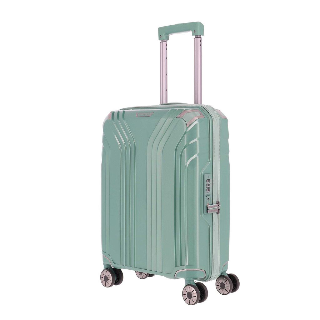 A mint green suitcase with a retractable handle and four wheels, shown against a white background.