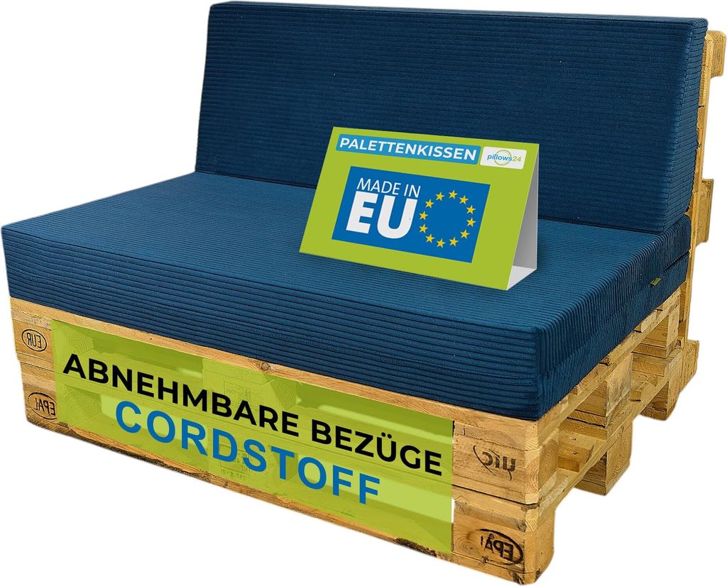 Pillows24 - Palettenkissen 2-teiliges Set aus Cordstoff | Sitzkissen & Rückenkissen für Europaletten 120x80 | für Wohnzimmer, Garten | Blau
