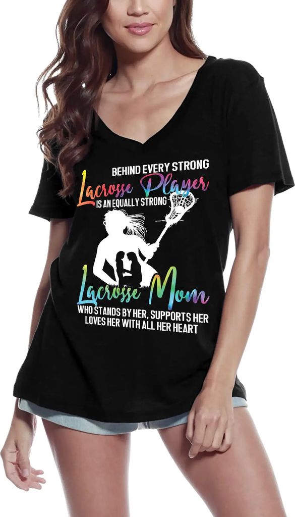 Damen Grafik T-Shirt V-Ausschnitt Hinter jedem starken Lacrosse-Spieler steht eine ebenso starke Lacrosse-Mutter – Behind Every Strong Lacrosse P...
