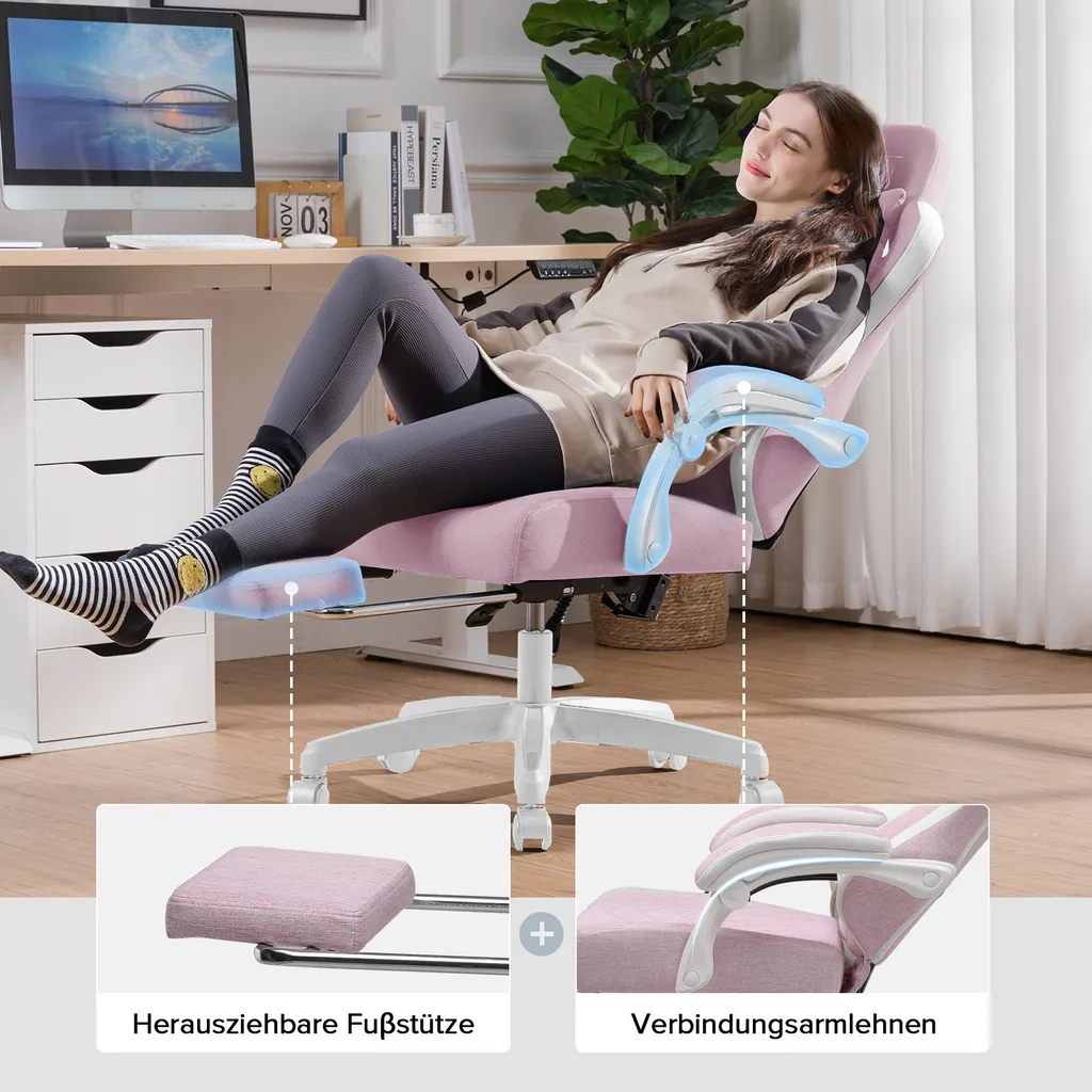 GTPLAYER Chaise Gamer Ergonomique - Fauteuil Racing en Tissu Blanc Rose - 5