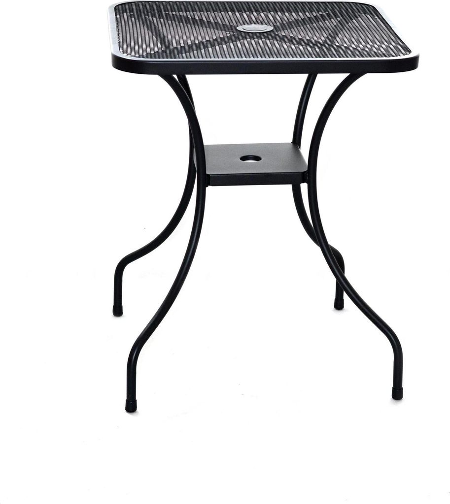 A black metal garden table with a square top and a lower shelf, shown against a white background.