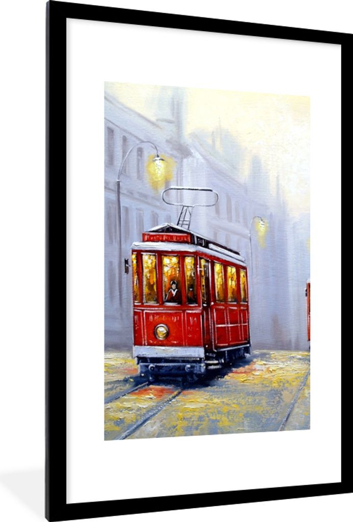 MuchoWow Gerahmtes Poster Gemälde - Straßenbahn - Stadt - Öl 60x90 cm - Poster mit Schwarzem Bilderrahmen Wandposter Rahmen Foto Bilder - Deko...