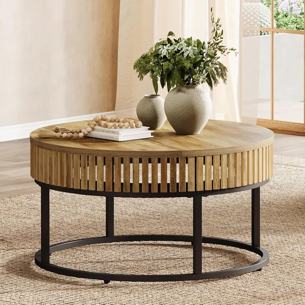 Tribesigns Table basse ronde 80 cm en bois marron clair style industriel - 5