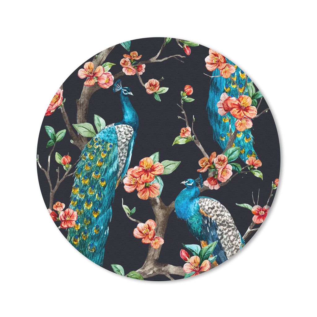 MuchoWow Mauspad Mousepad Muster - Pfau - Blüte - Schwarz 20x20 cm - Mousepads - Maus Mat - Pad - Mausunterlage - Schreibtischmatte
