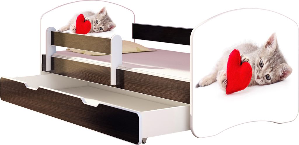 ACMA Jugendbett Kinderbett Junior-Bett Komplett-Set mit Matratze Lattenrost und Rausfallschutz Wenge 40 Katze mit Herz 180x80 + Bettkasten