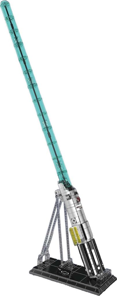 A model of a lightsaber on a display stand.