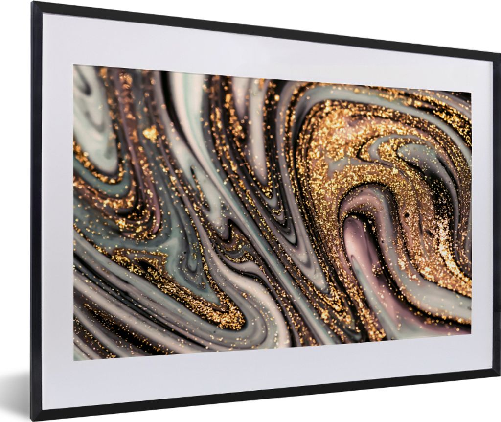 MuchoWow Gerahmtes Poster Marmoroptik - Gold - Glitter - Luxus - Marmor - Weiß 60x40 cm - Poster mit Schwarzem Bilderrahmen Wandposter Rahmen Fo...