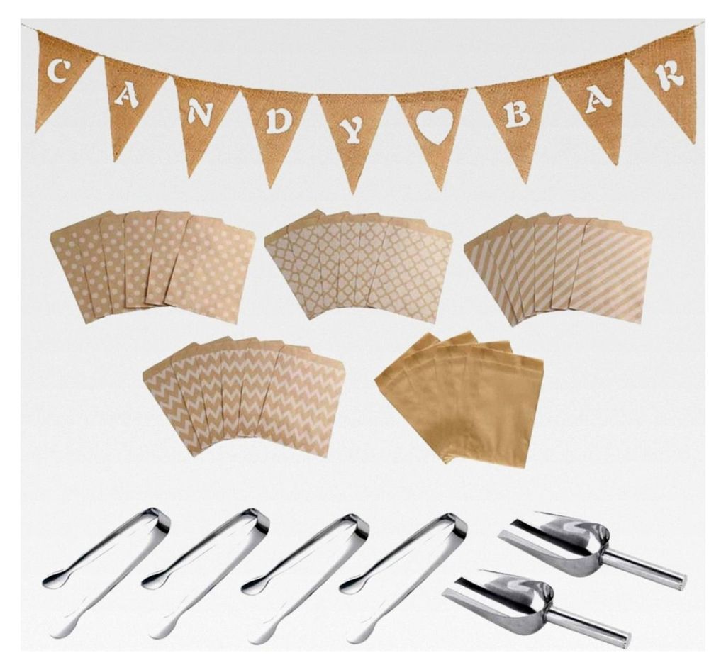 Candy Bar Zubehörset, 4 Zuckerzangen und 2 Schaufeln + Candybar Girlande Banner + 50 Papiertüten, Servierzange für Hochzeiten, Partys und Geburt...