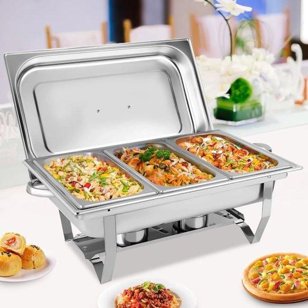 3-Pan Stahlbuffet Set - Catering Foodwagen - Mit Deckel und Faltschrank - Spiegelglanz - Dauerhaft & Leicht zu Heben