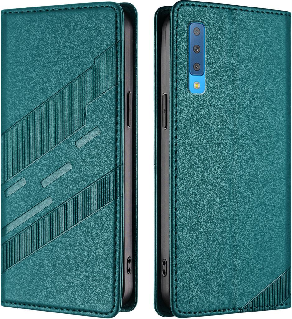 Hülle für Samsung Galaxy A7 2018, Kunstleder Brieftaschen Handyhülle mit Kartenfach und Standfunktion Grün