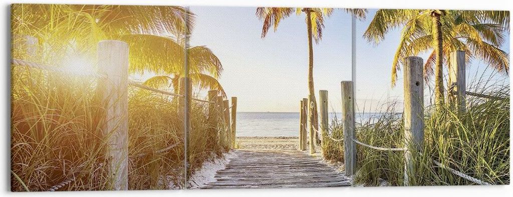 Bild auf Leinwand - Leinwandbild - 3 Teile - Strand Palmen Fußgängerbrücke - 150x50cm - Wand Bild - Wanddeko - Wandbilder - Leinwanddruck - Bild...