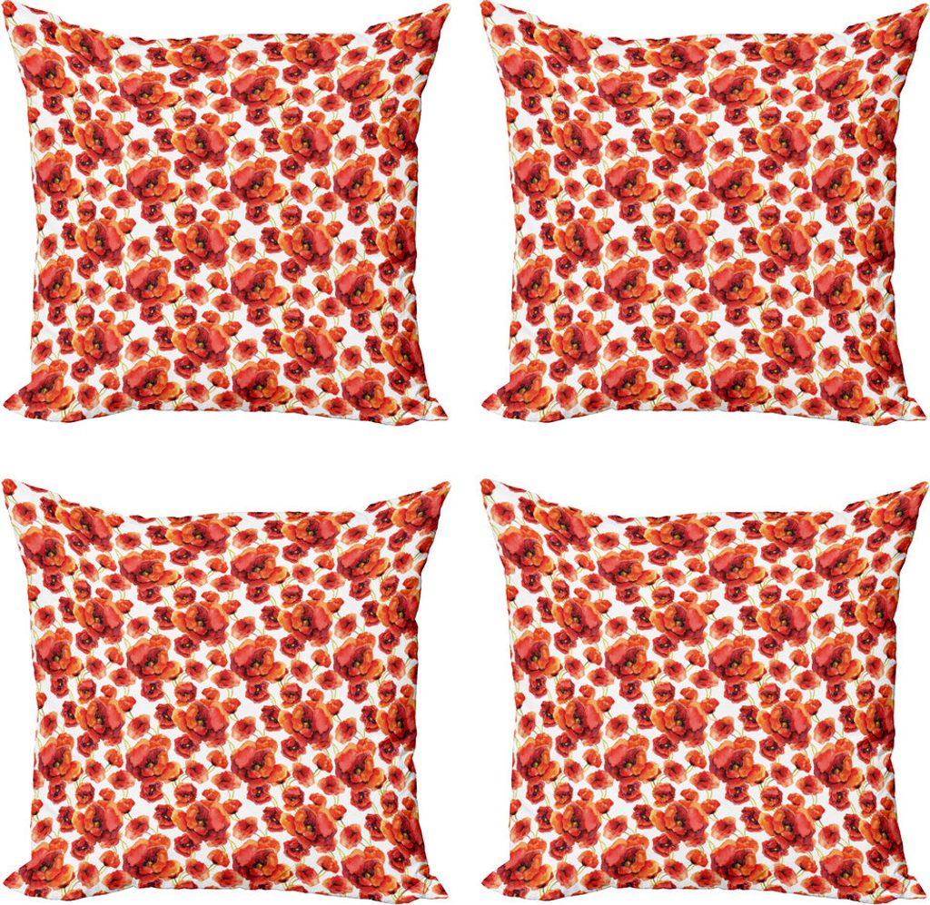 ABAKUHAUS Blumen Kissenbezug Set (4 Stück), Rote Mohnblumen-Blumen, Moderner Doppelseitiger Digitaldruck, 50 cm x 50 cm, Rot und weiß